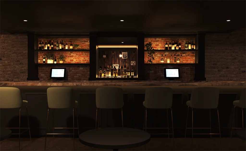 modern club and bar interior design with lighting and seating area.