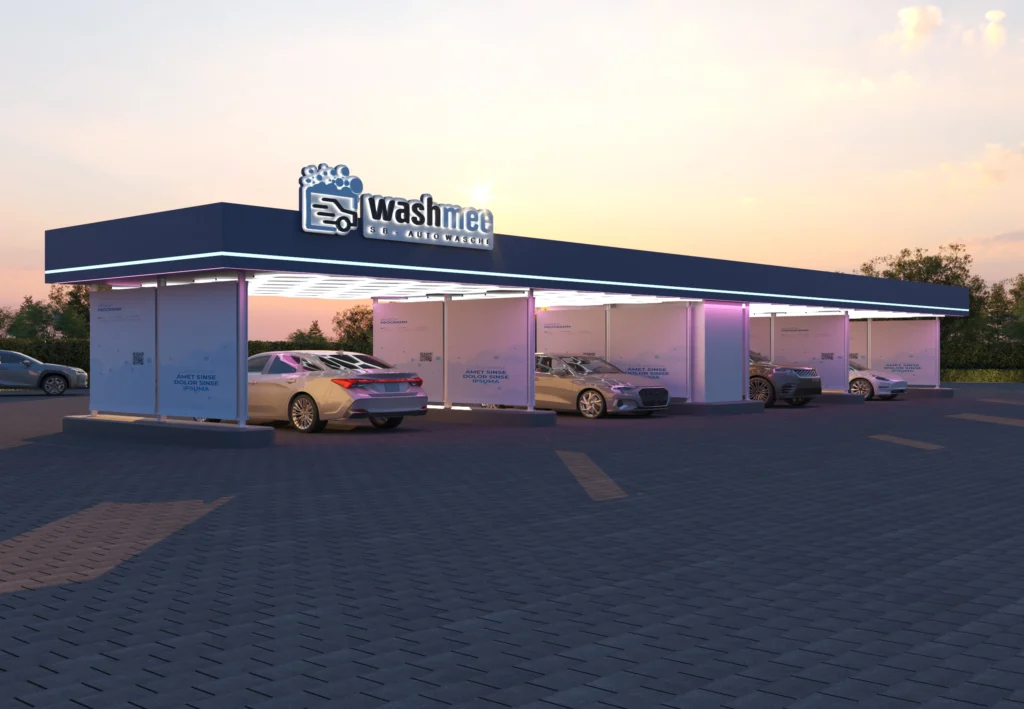 Modern commercial car wash exterior design with illuminated structure, contemporary architecture, and functional automotive service layout.