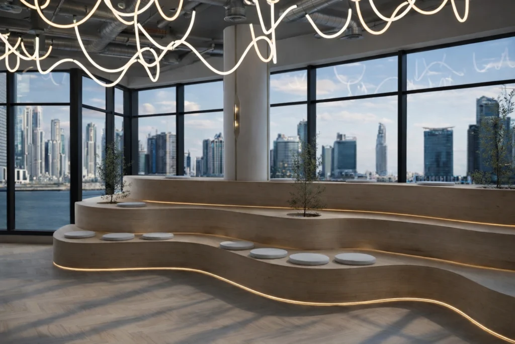 Modern commercial lounge interior with curved wooden seating, artistic ceiling lighting, and panoramic city skyline views.