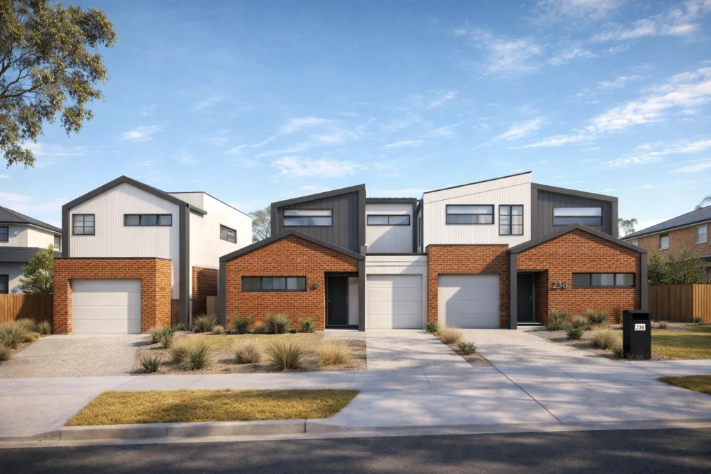 Modern duplex house in Melbourne with red brick, white panels, and landscaped front yards