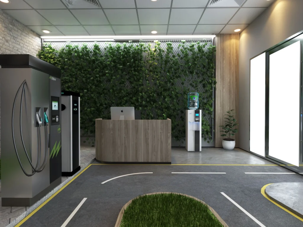 Modern EV service center interior with green wall design, charging equipment, minimalist reception area, and eco-friendly commercial layout.