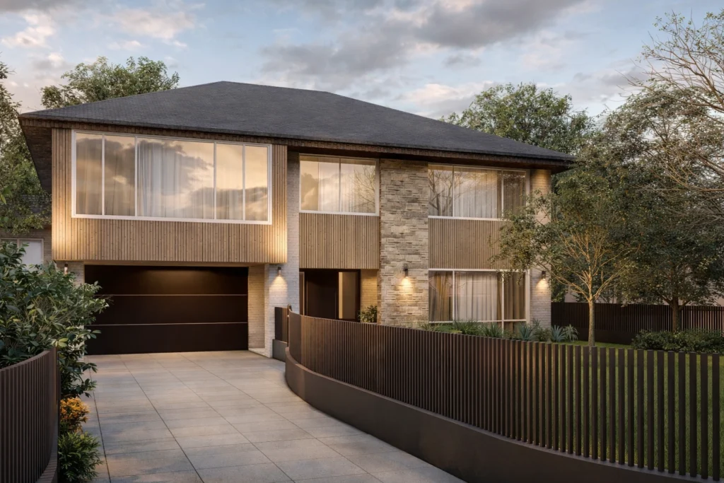 Contemporary family home exterior with wood cladding, stone feature wall, and modern driveway design in Australia.