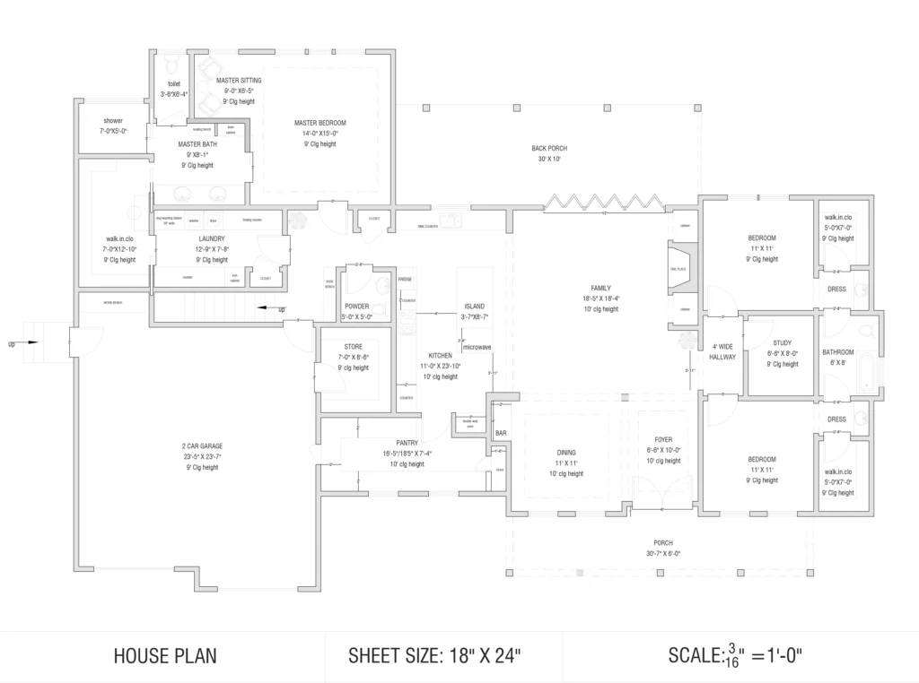 Modern house floor plan CAD drawing with kitchen, bedrooms, family area, and garage layout