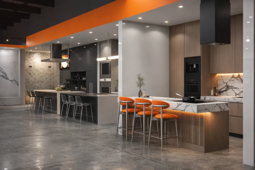 Contemporary kitchen showroom interior with luxury cabinetry, marble counters, and orange accent seating.