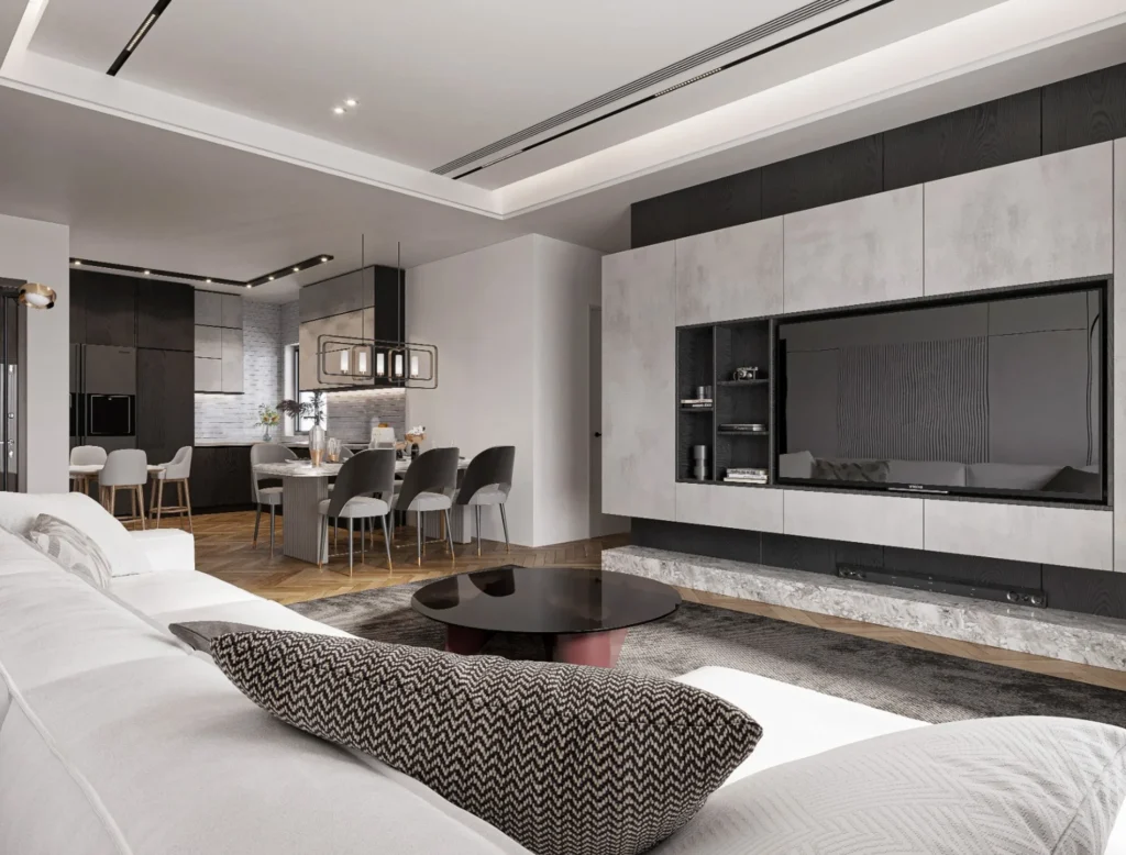 modern living room interior design with sofa tv wall and dining area