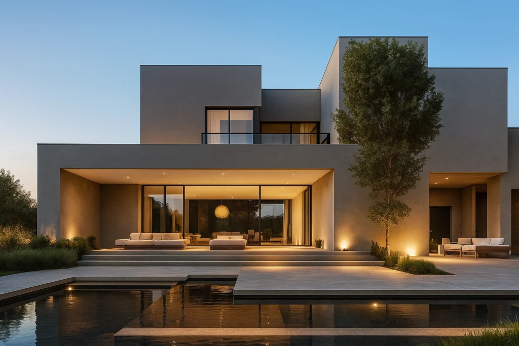 Modern luxury residential exterior design with minimalist architecture, pool area, and warm ambient lighting in Los Angeles.