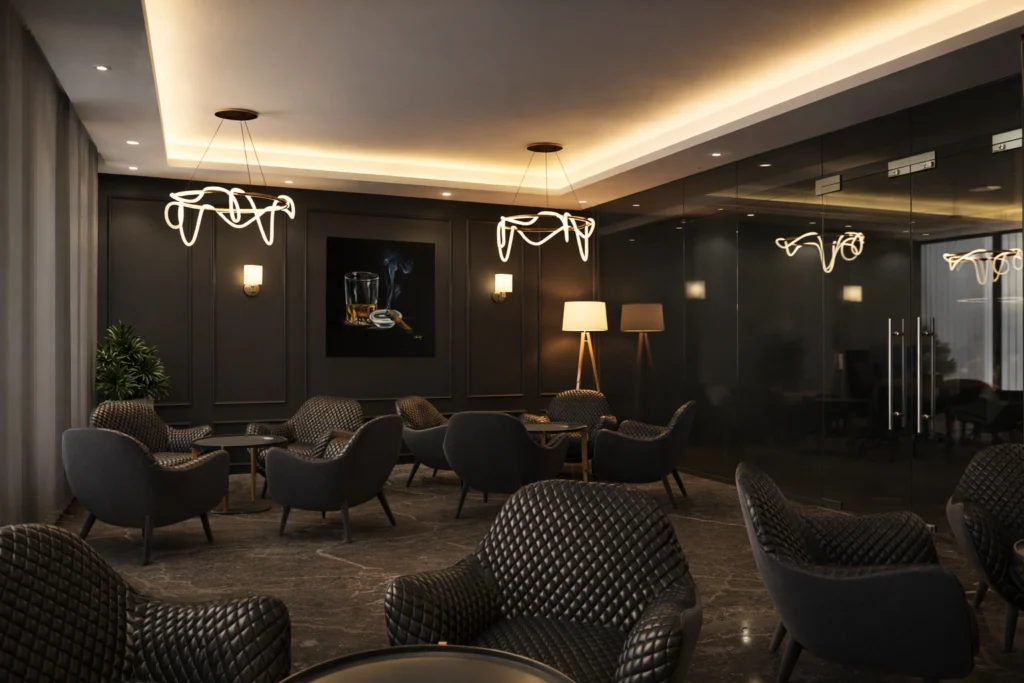 Luxury office lounge with quilted seating, decorative lighting, dark interiors, and elegant commercial space styling.