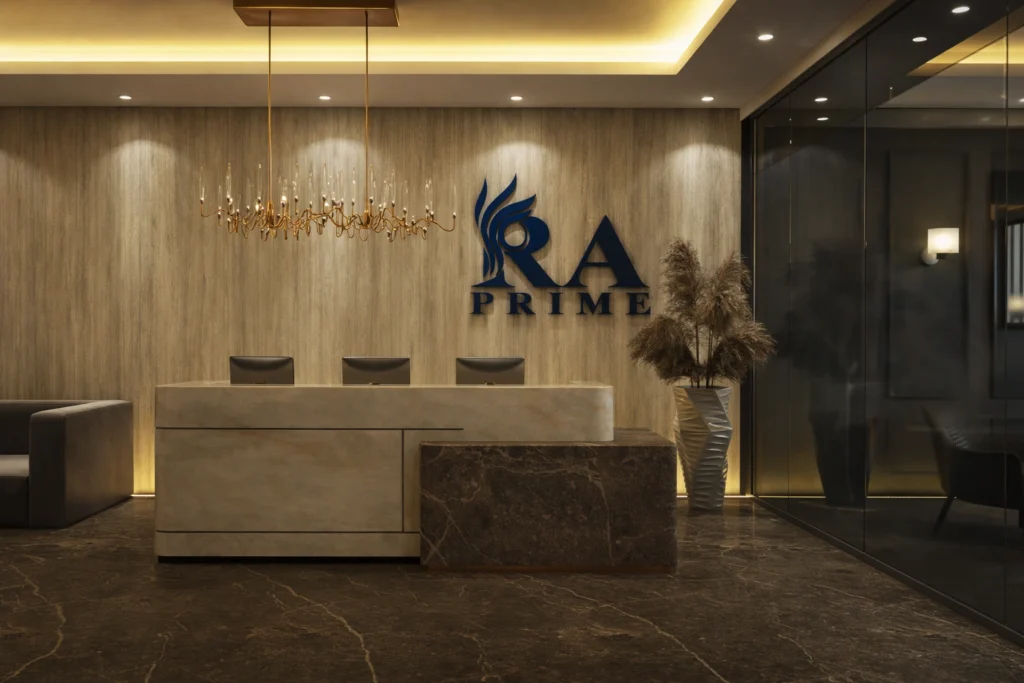 Elegant office waiting area with modern seating, city skyline view, warm lighting, and contemporary commercial interiors.