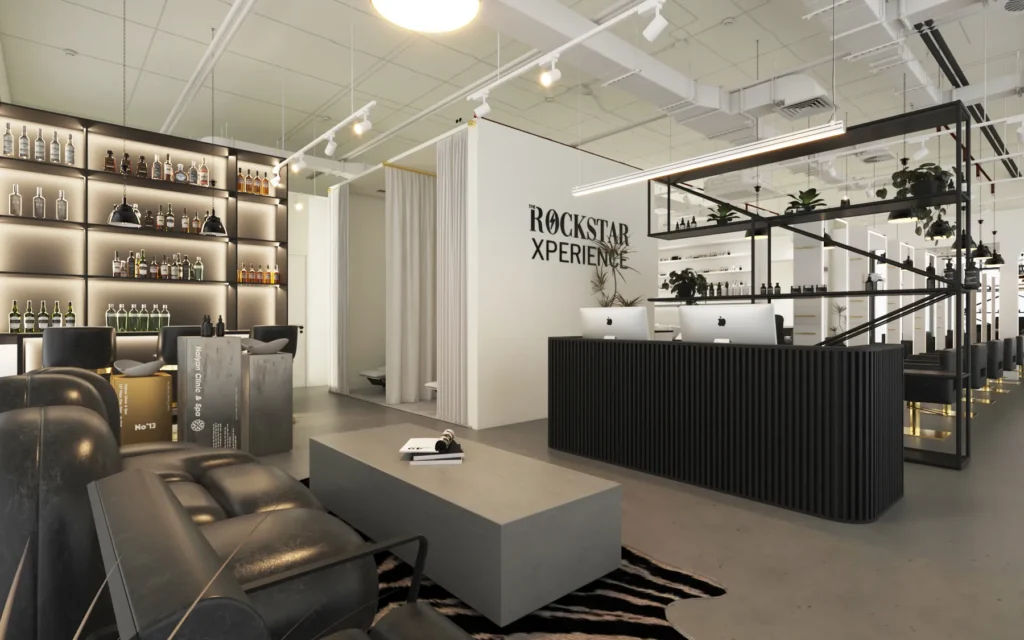 Contemporary salon reception interior with luxury lounge seating and illuminated shelving.