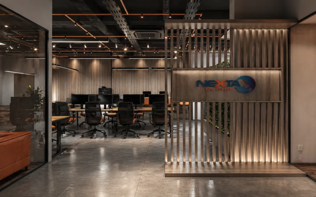 Contemporary tech office workspace with industrial interiors, branded partition walls, and collaborative workstation layout.