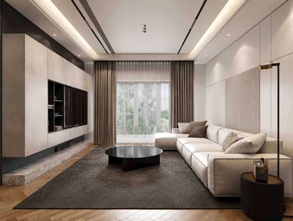 Elegant luxury TV lounge interior with modern minimalist sofa and contemporary lighting