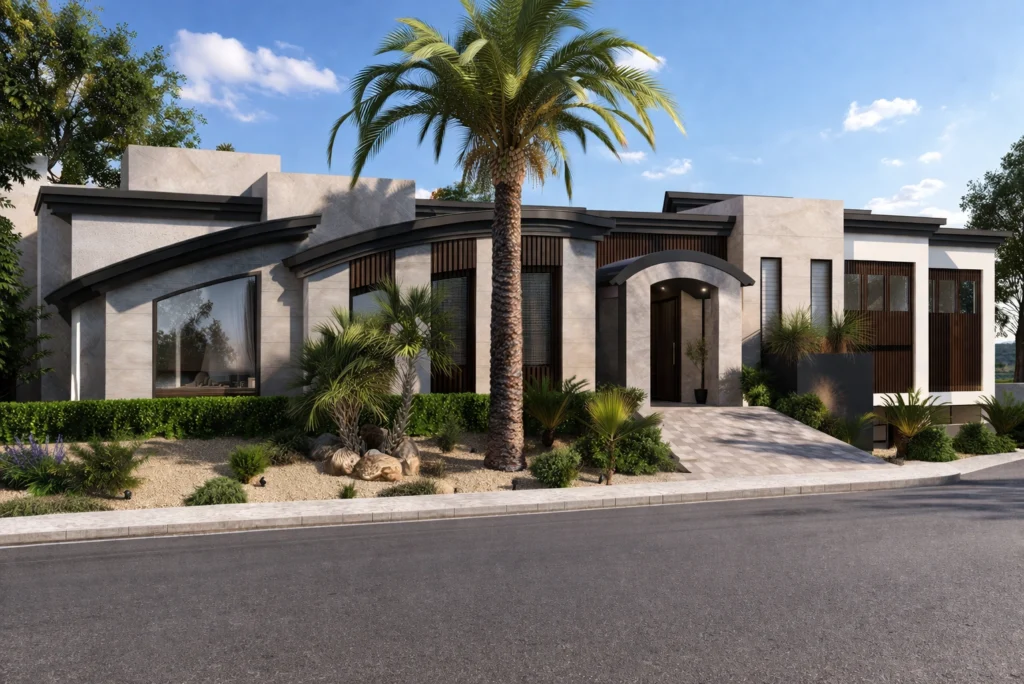 Contemporary house with stone façade, desert landscaping, and large windows