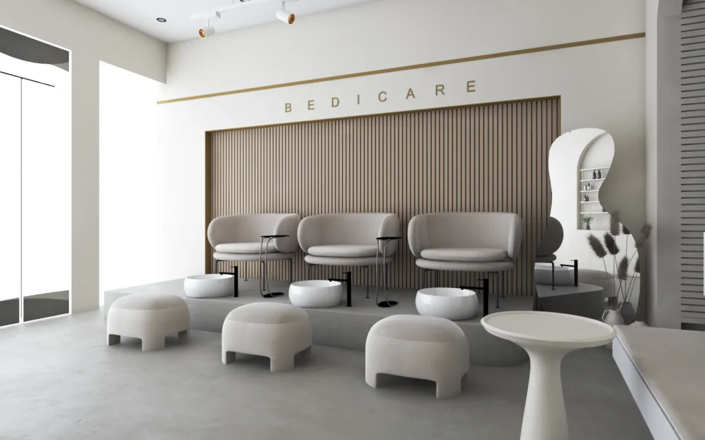 Minimalist pedicure lounge with modern seating and elegant neutral decor.