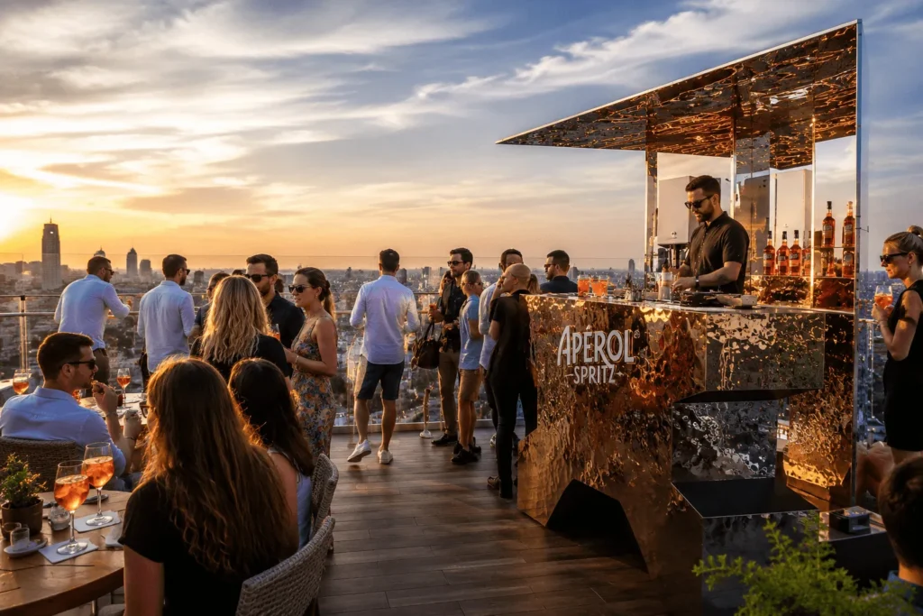 Club & Bar Interior Luxury rooftop lounge design with DJ booth, skyline sunset view, modern entertainment setup, and premium hospitality atmosphere.