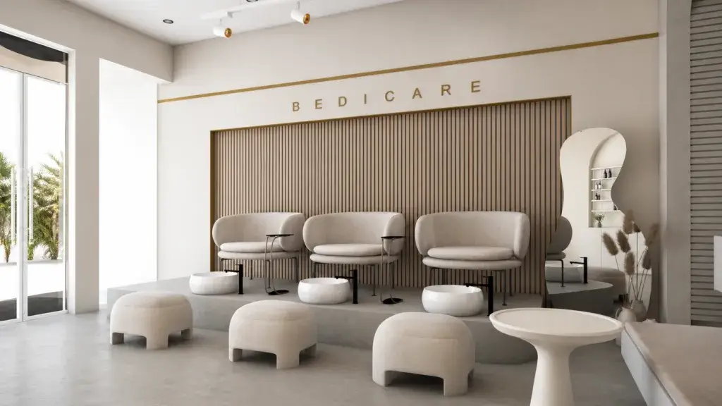 Minimalist pedicure lounge with modern seating and elegant neutral decor.