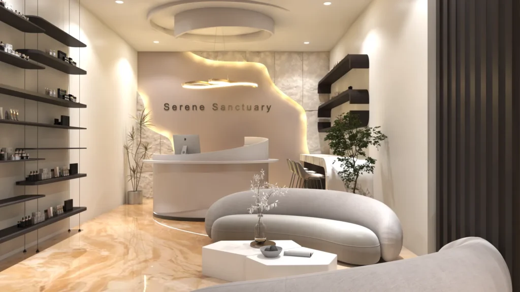 Salon & Luxury Spa Interior Design Modern spa reception area with curved desk, ambient lighting, and luxury seating.