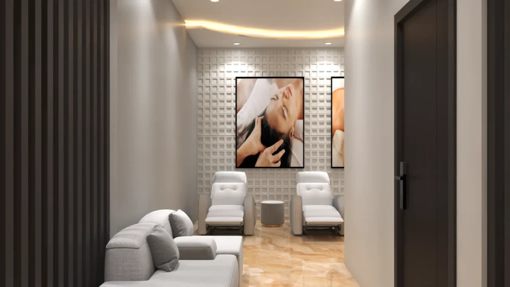 Contemporary spa relaxation corridor with recliner chairs and calming neutral interiors.