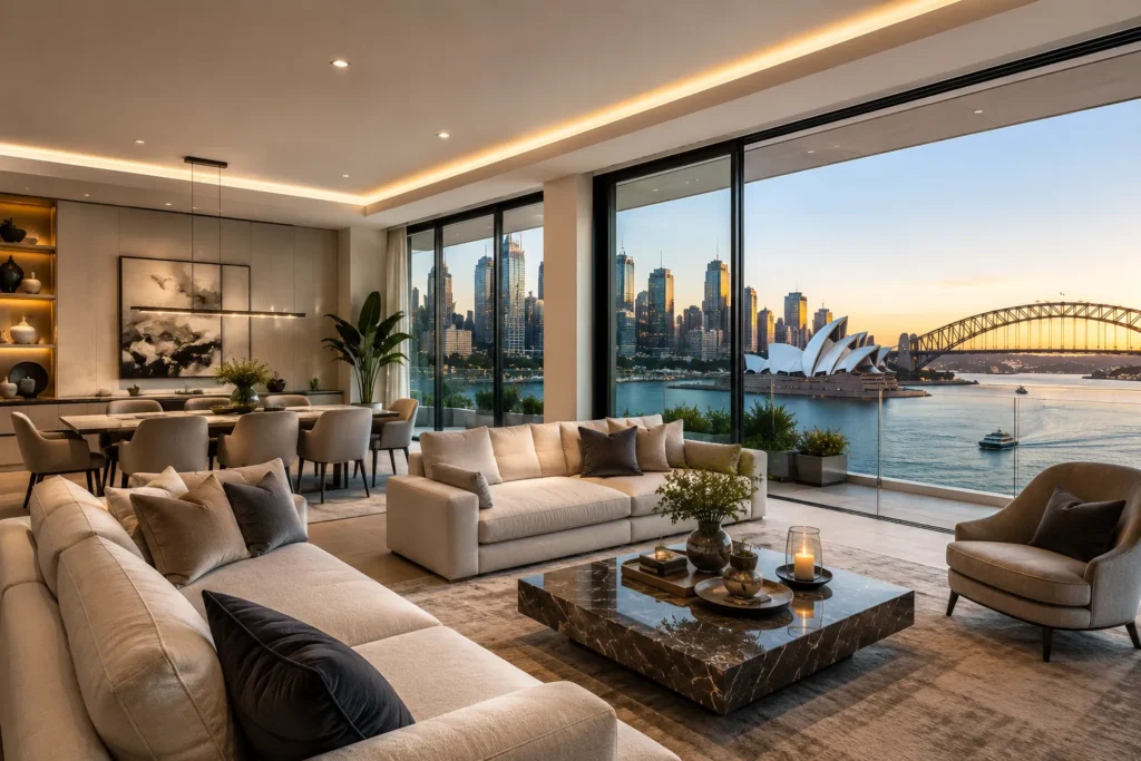 Luxury living and dining interior in Sydney featuring panoramic harbour view, marble coffee table, and elegant furniture