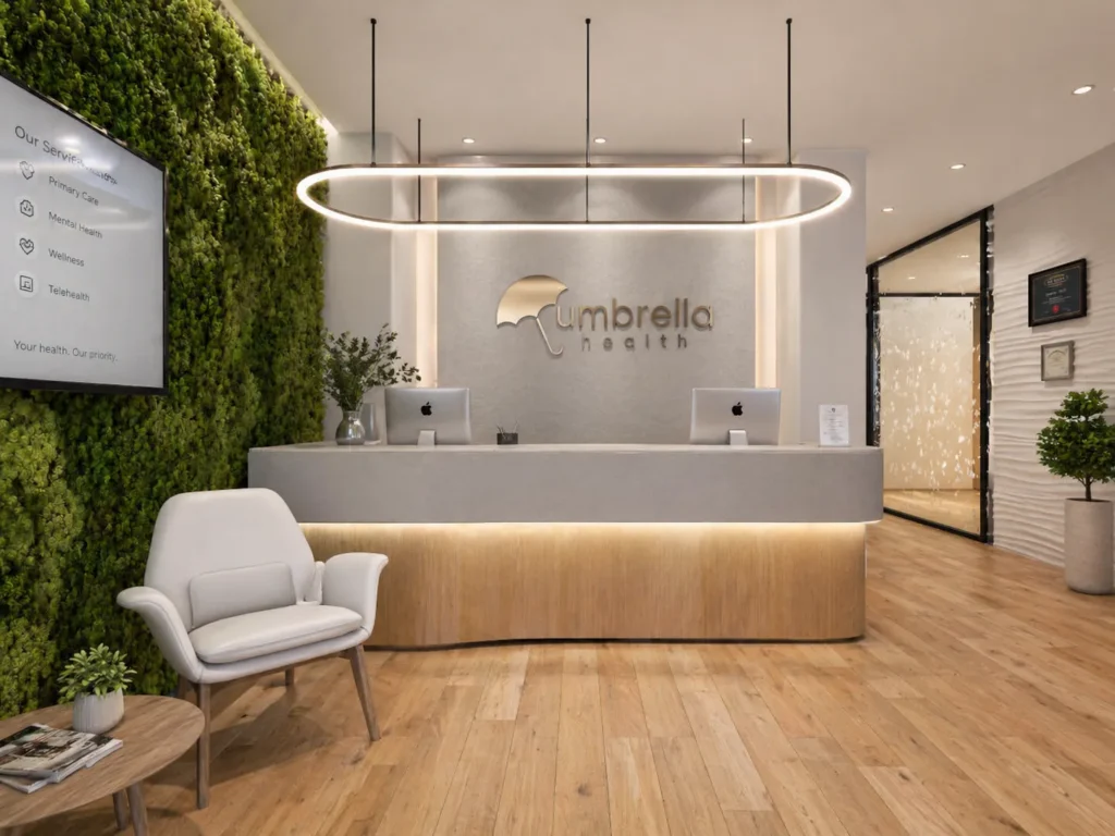 Salon And Spa Interior Design Modern healthcare reception design with greenery wall and minimalist wooden finishes.