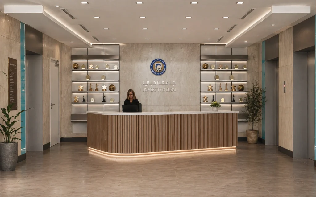 corporate office interior design Modern university reception area with elegant front desk, display shelving, ambient lighting, and professional interior design.