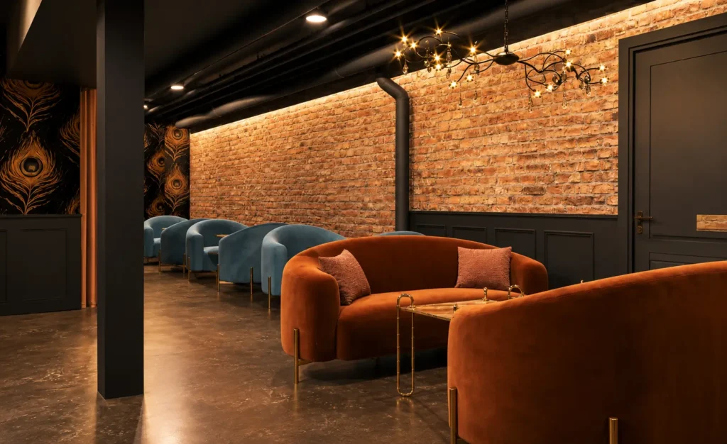 Club & Bar Interior club and bar interior design Luxury hospitality seating area with modern sofas, textured brick walls, ambient lighting, and elegant commercial interiors.