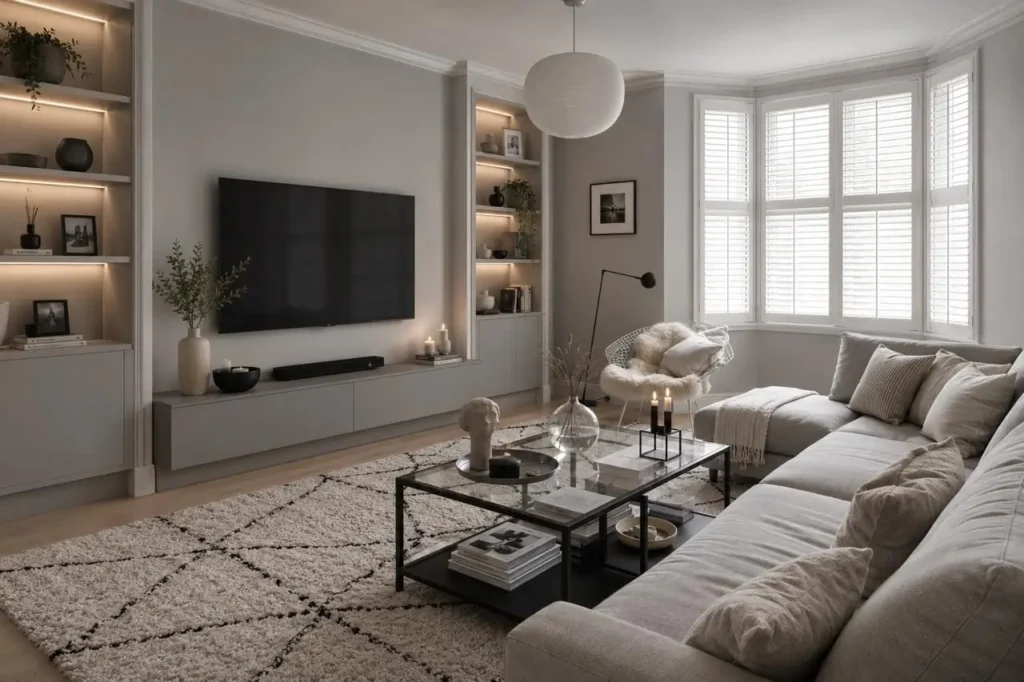 Contemporary living room interior design in Melbourne with a custom TV wall, built-in shelving, neutral furnishings, and elegant home styling.