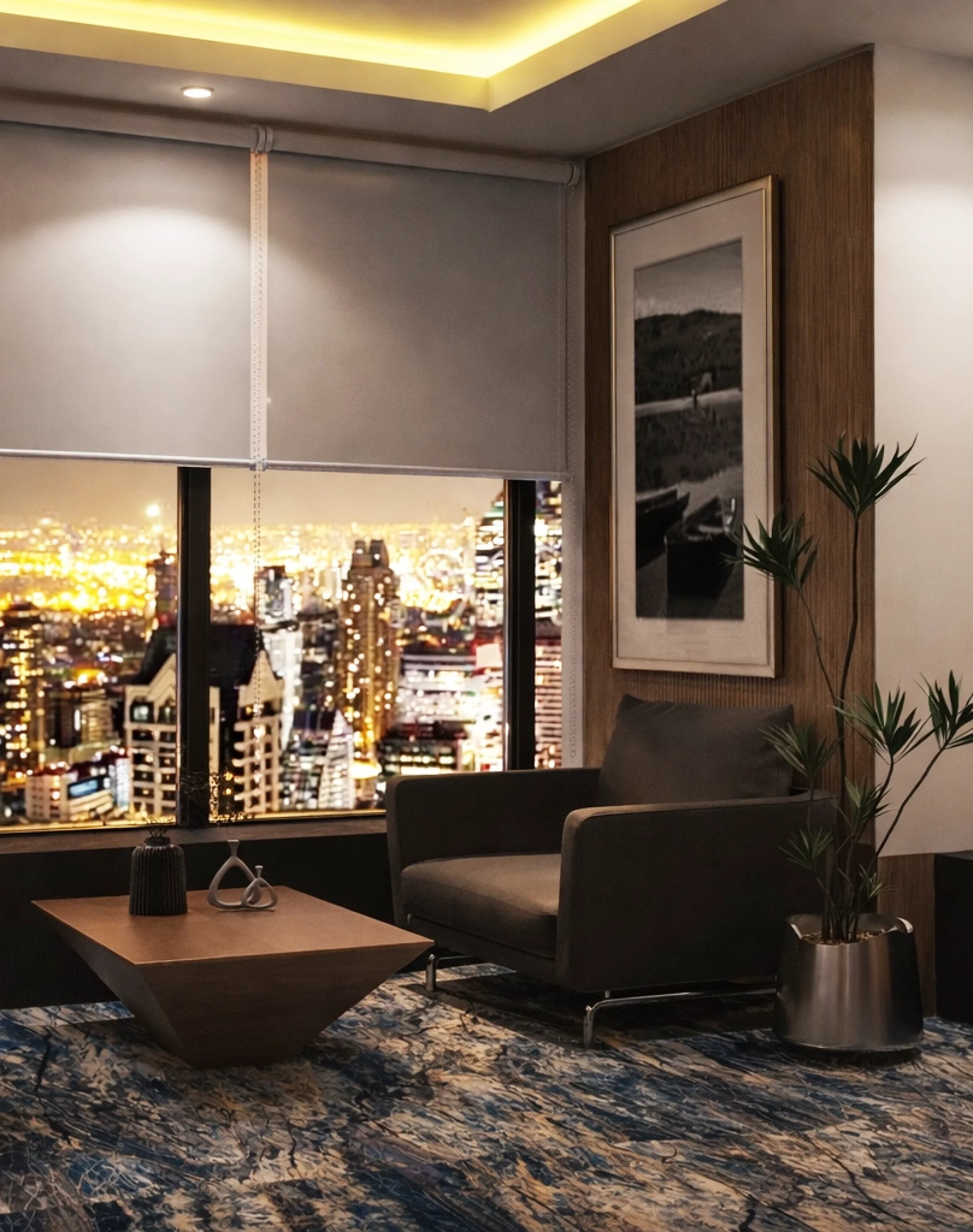 Modern corporate waiting area with geometric reception desk, indoor greenery, and contemporary commercial interiors