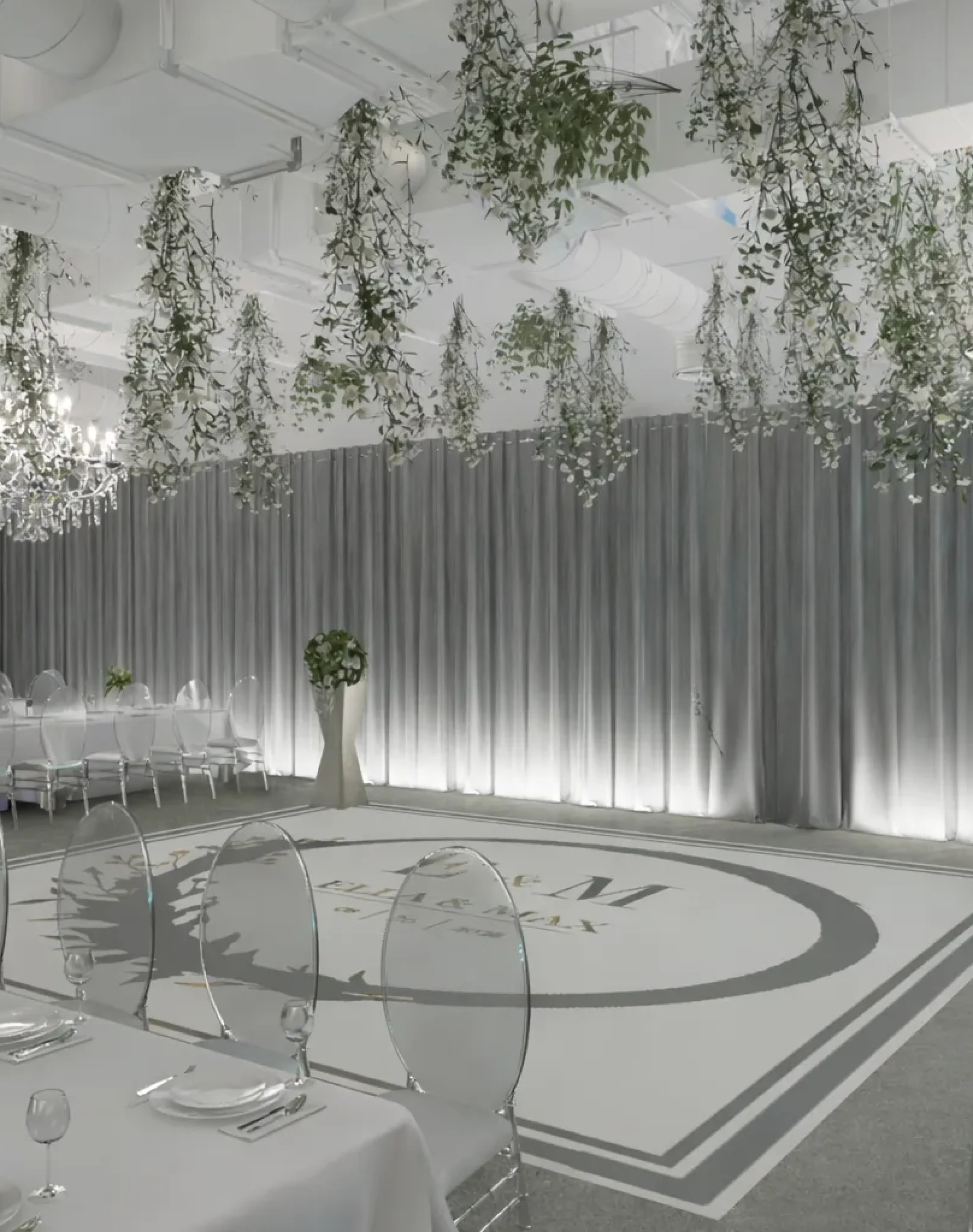 Restaurant And Wedding Interior Design Elegant wedding venue interior in Melbourne with floral ceiling decor and chandeliers.