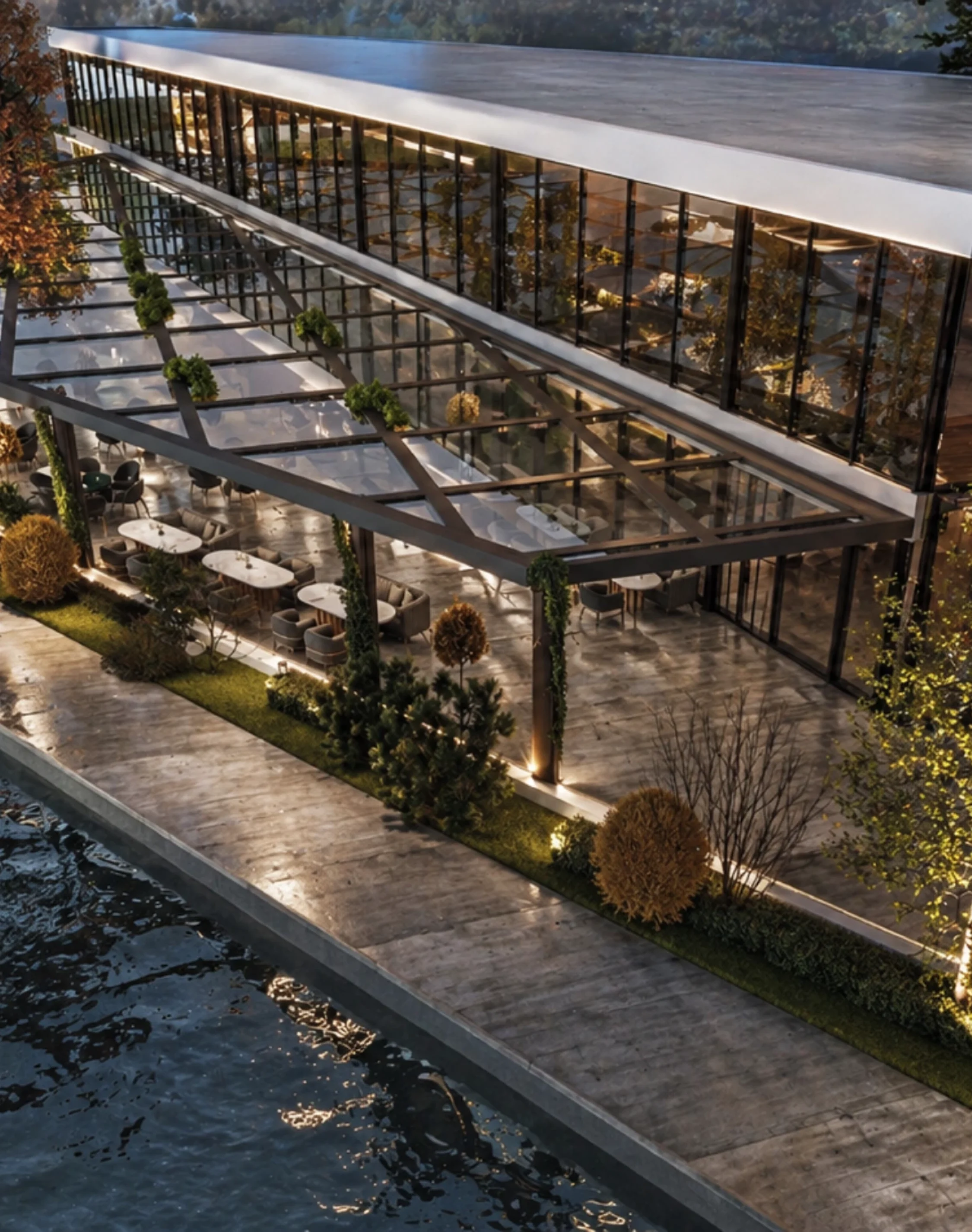 Outdoor commercial space planning with modern seating area.