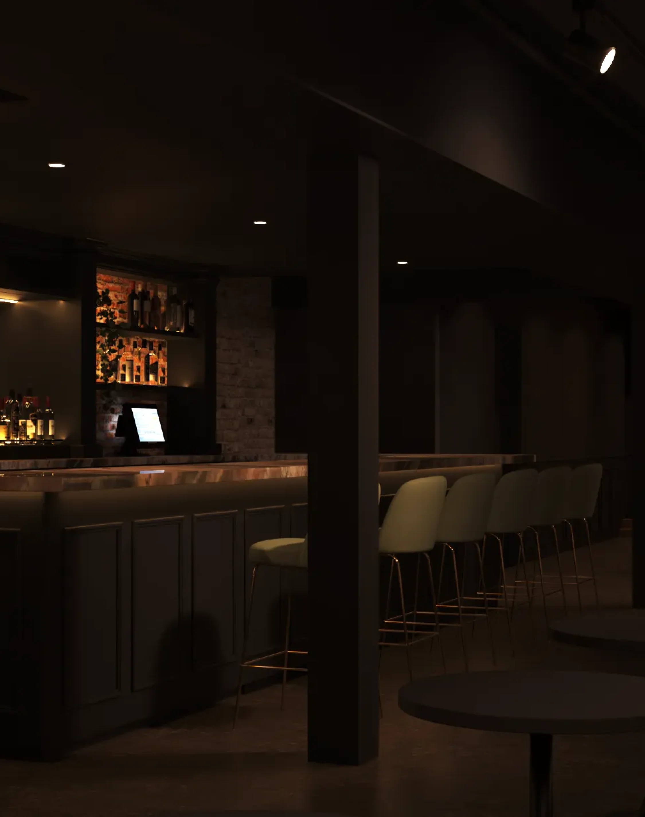 Modern luxury bar interior with ambient lighting, brick walls, lounge seating, and upscale hospitality design.