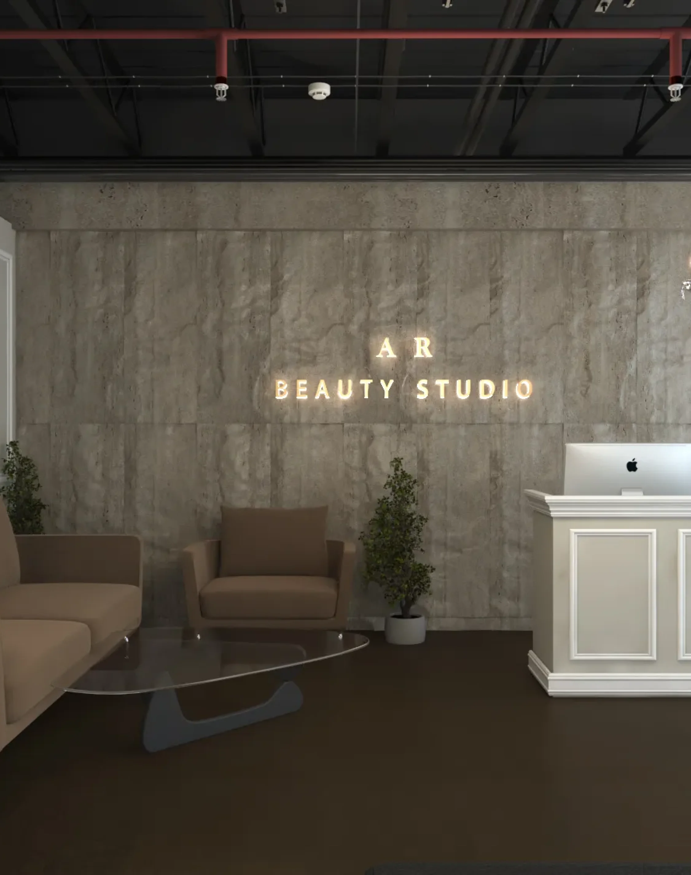 Sophisticated beauty studio reception with chandelier lighting and modern lounge seating.