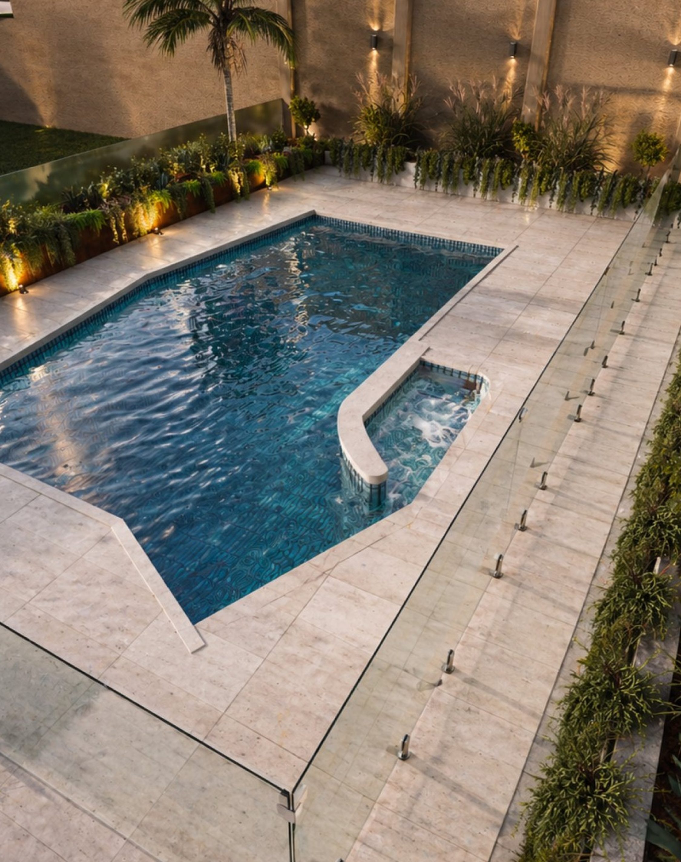Luxury backyard swimming pool with ambient outdoor lighting and landscape design