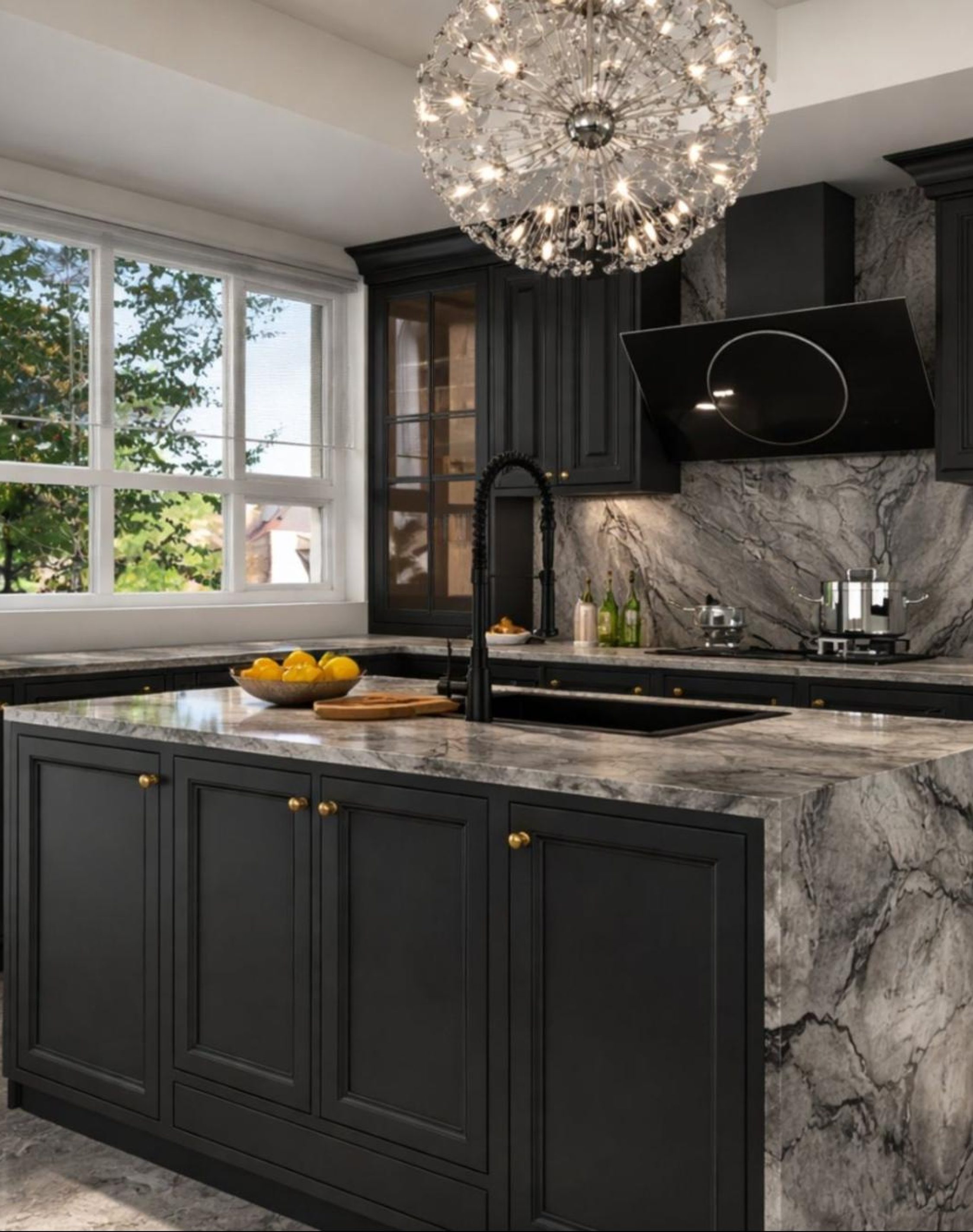 Black luxury kitchen with marble island and sleek modern cabinetry