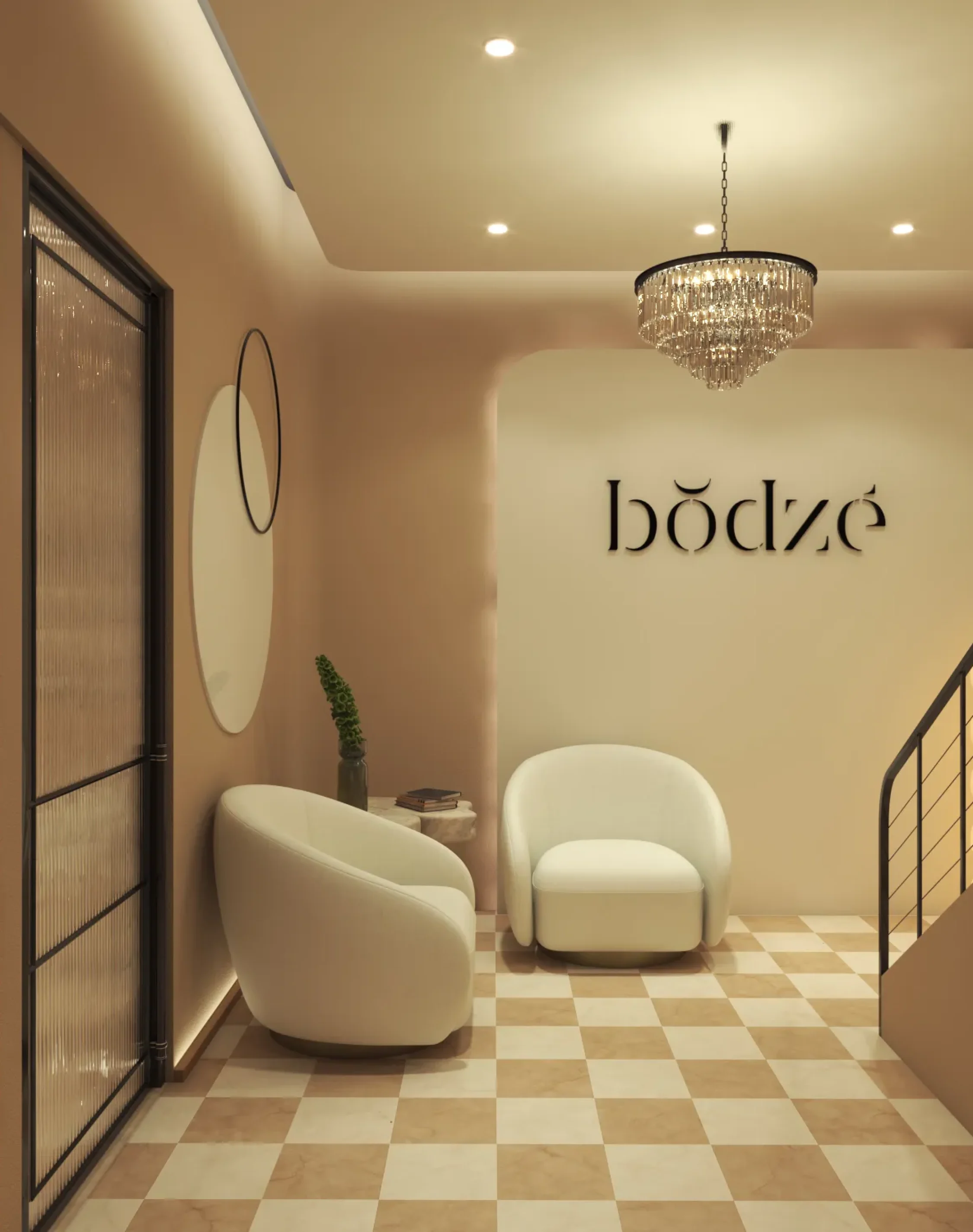 Warm-toned spa lobby with luxury lounge chairs and decorative chandelier lighting.