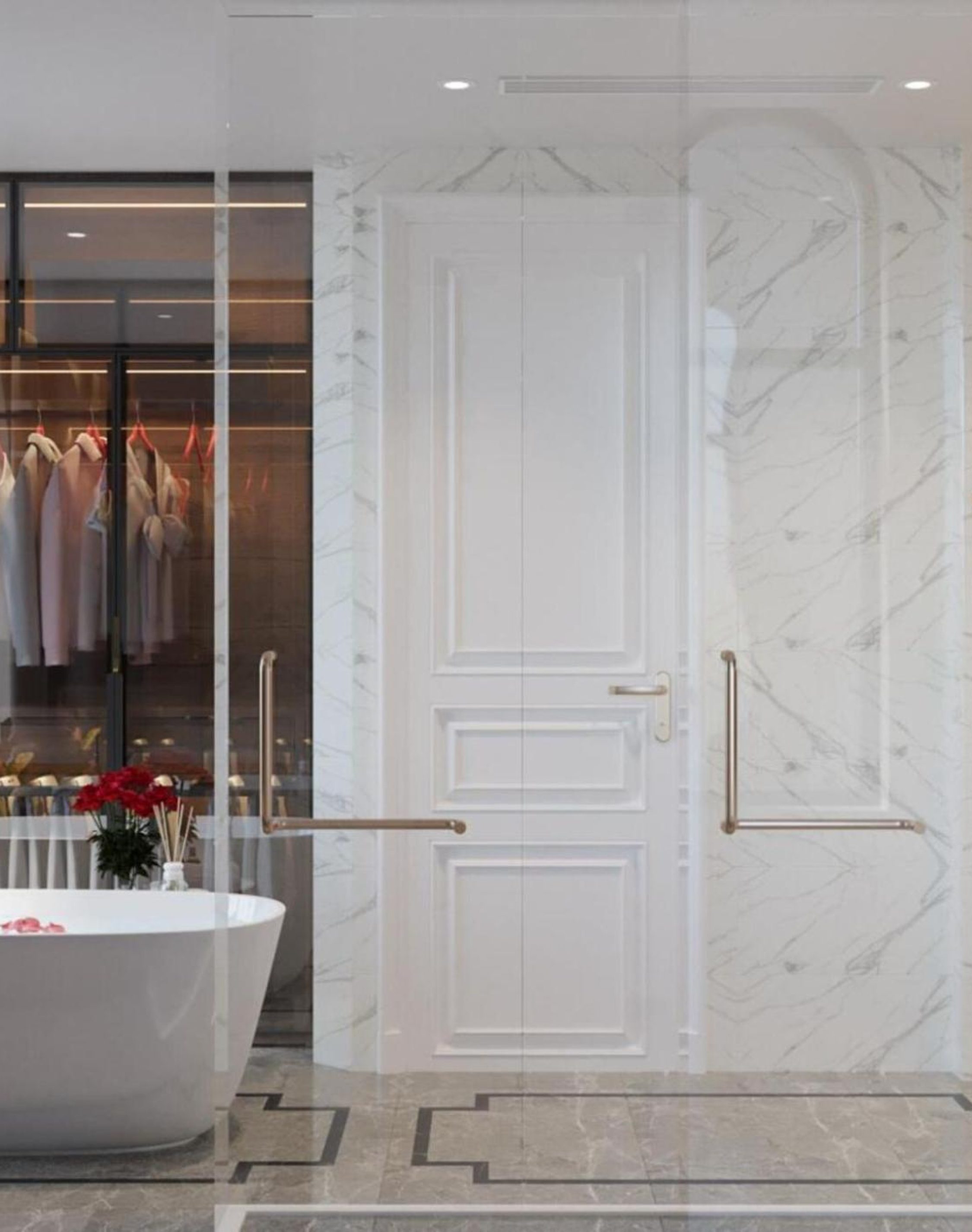 Contemporary bathroom and laundry space with minimalist cabinetry and marble flooring