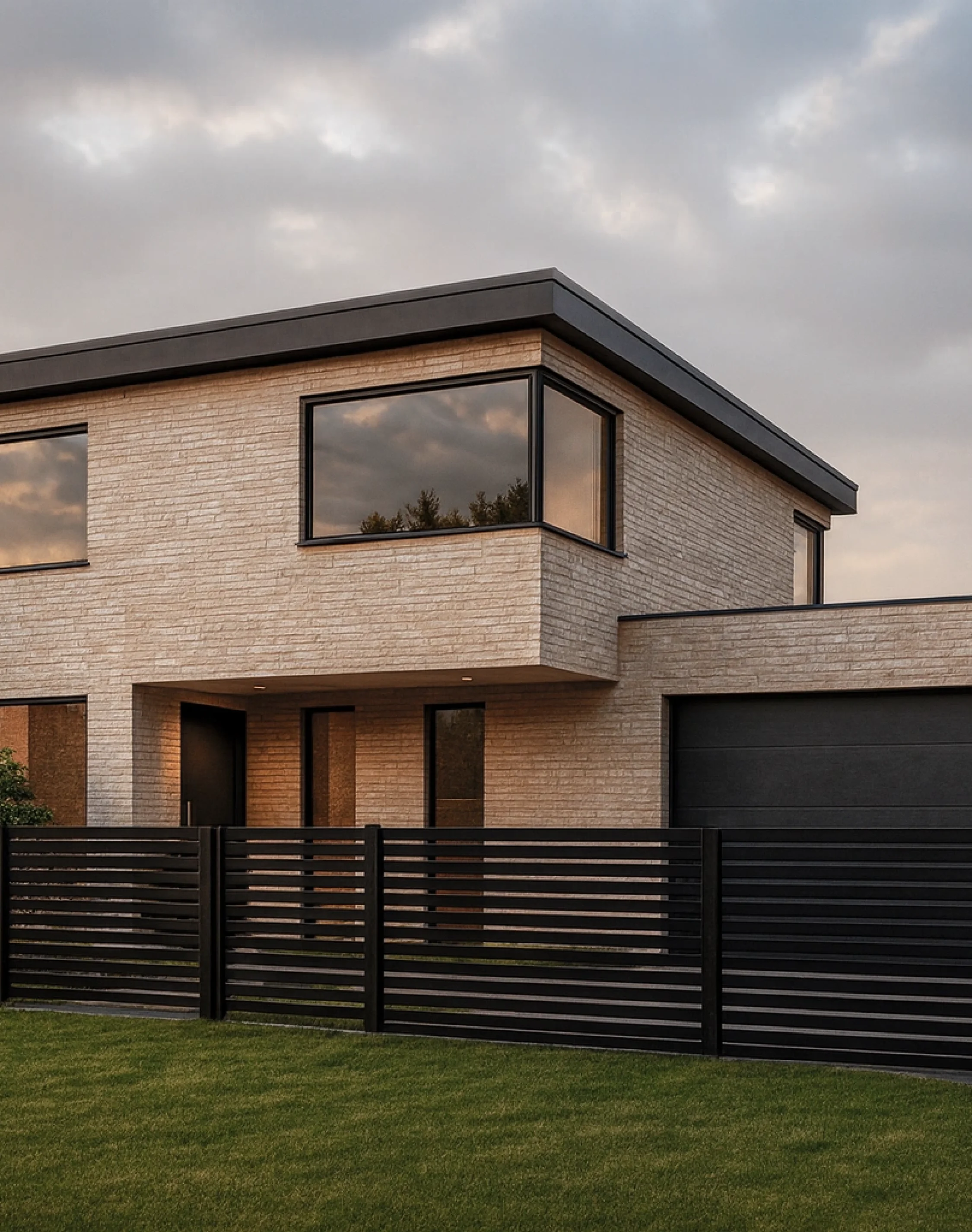 Contemporary double story residential exterior with clean lines, black fencing, and modern facade design in Sydney