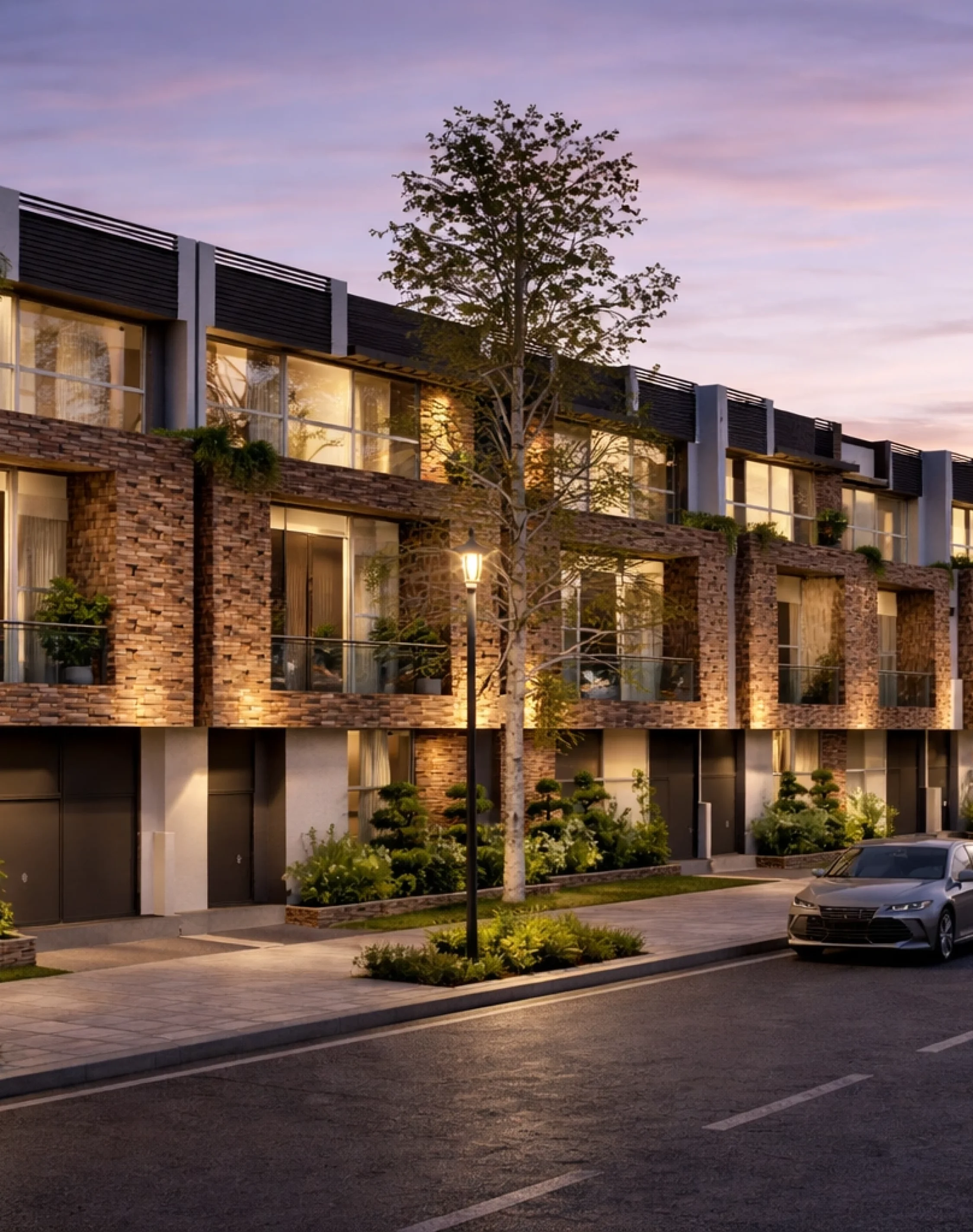 Contemporary family home exterior with wood cladding, stone feature wall, and modern driveway design in Australia.