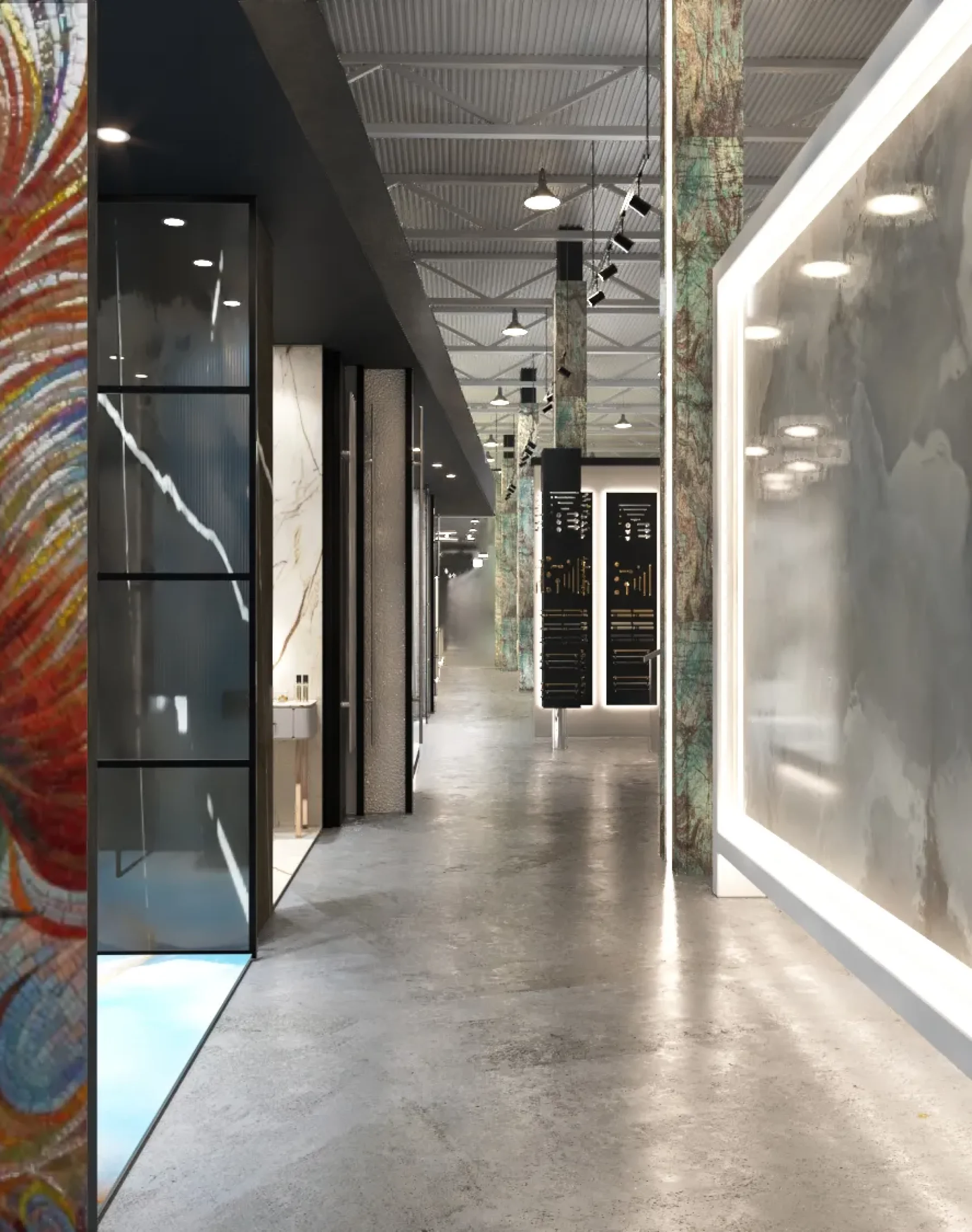 Modern commercial stone showroom with designer slab displays and luxury interior finishes.