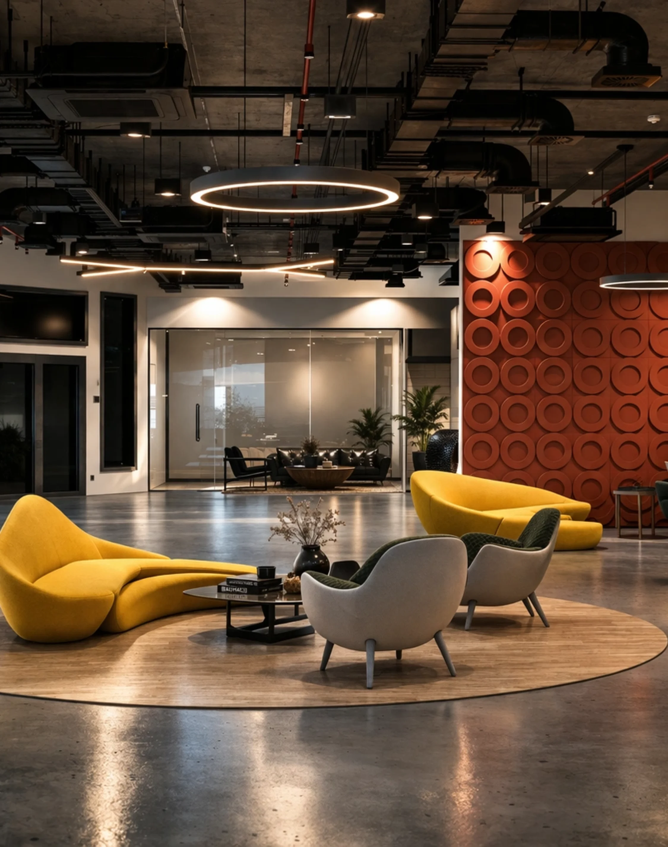 Modern commercial office lounge featuring colorful seating, open layout, stylish lighting, and contemporary workspace design.