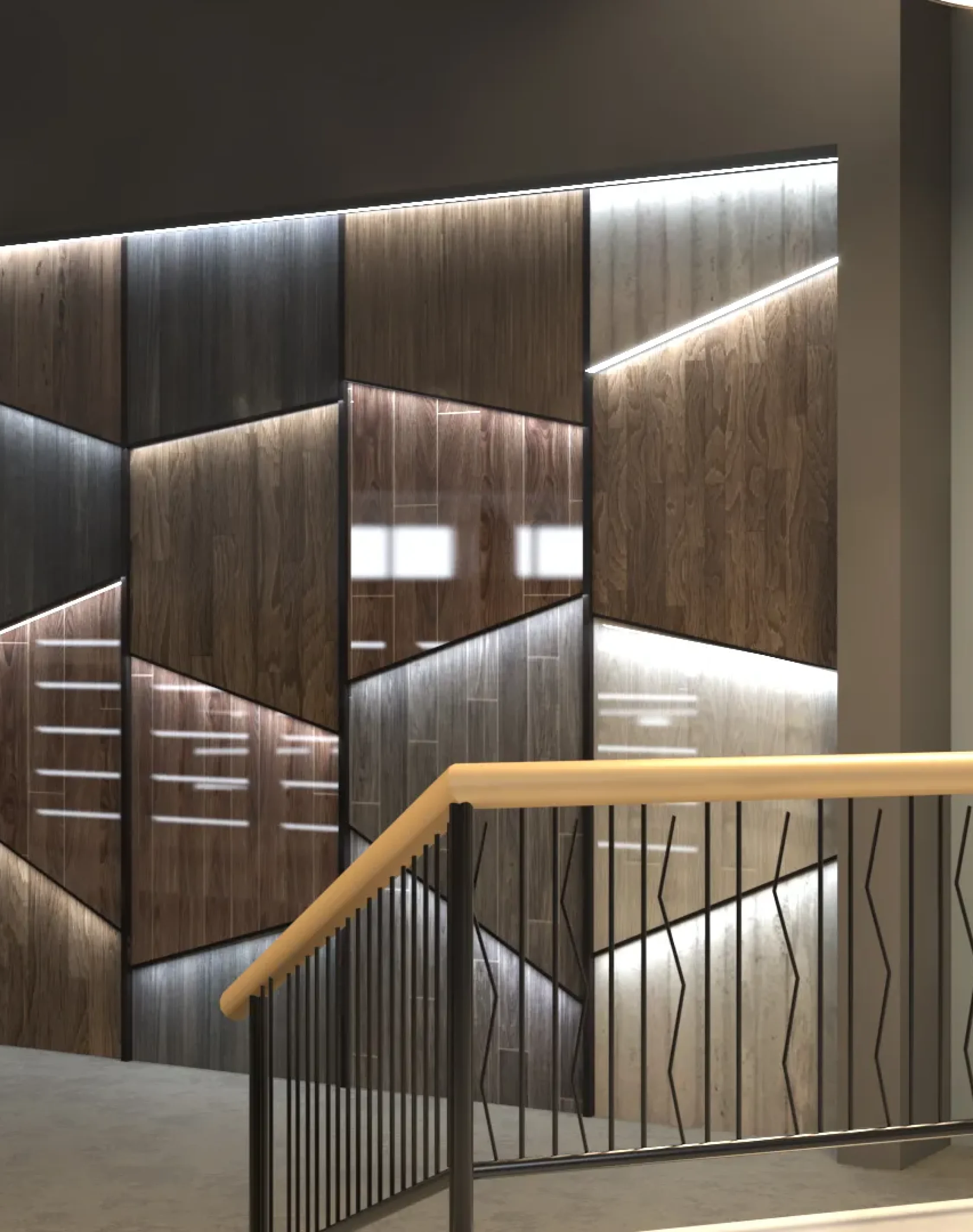 Modern decorative wall panel installation with geometric wooden textures and integrated LED lighting.