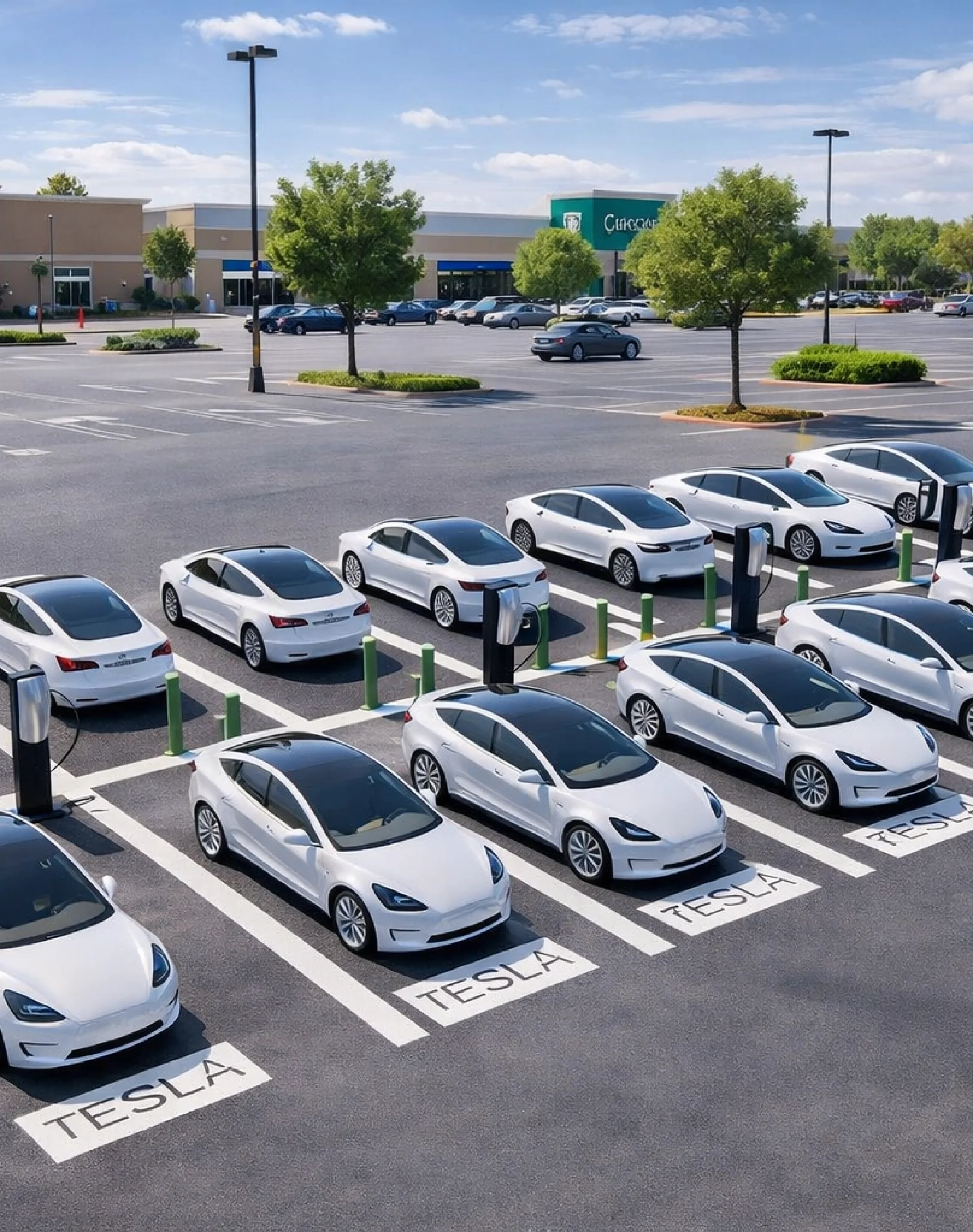 Modern electric vehicle charging station layout with multiple EV parking bays, commercial exterior planning, and sustainable infrastructure design.