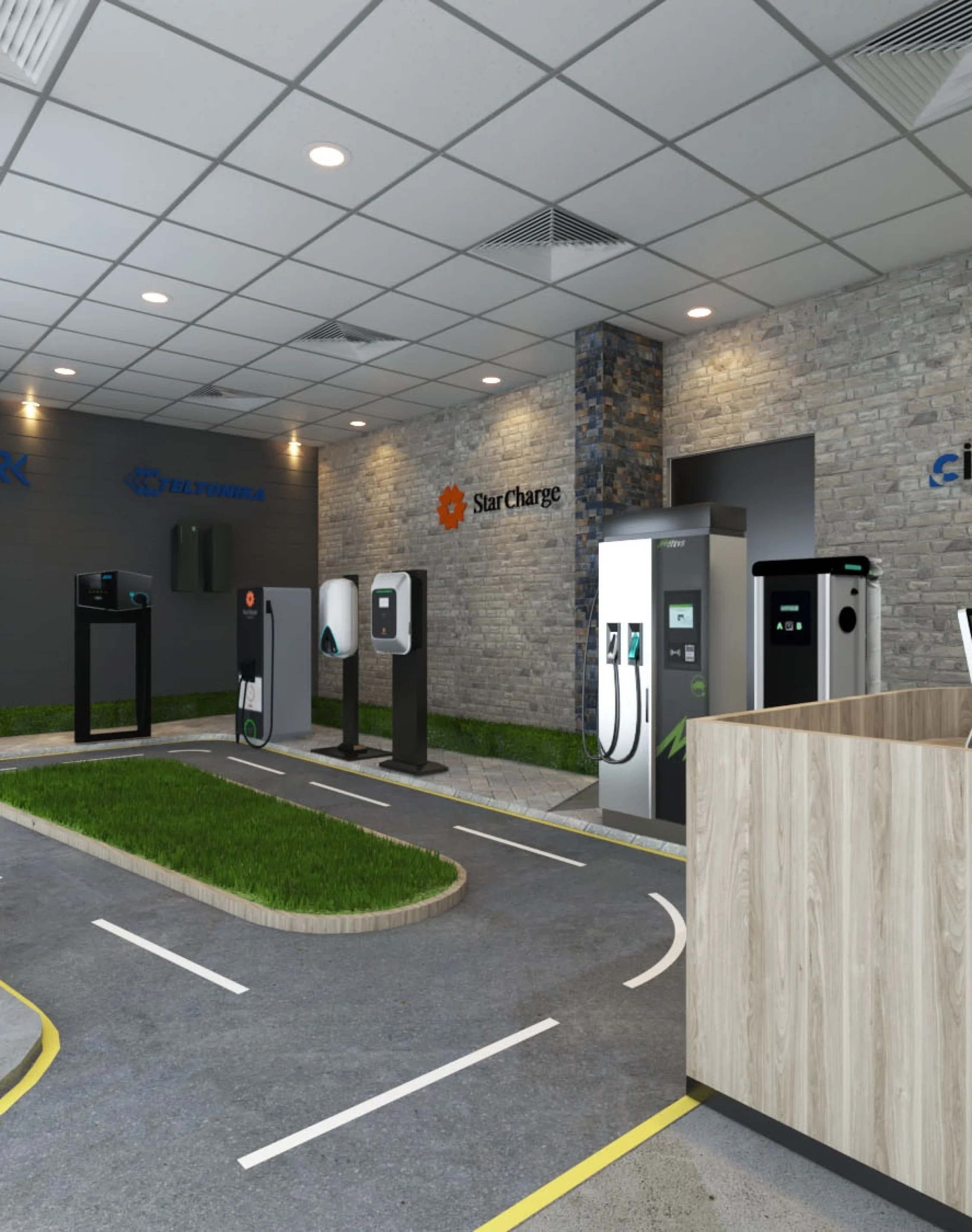 Modern EV charging showroom interior with charging units, reception desk, industrial finishes, and sustainable commercial design