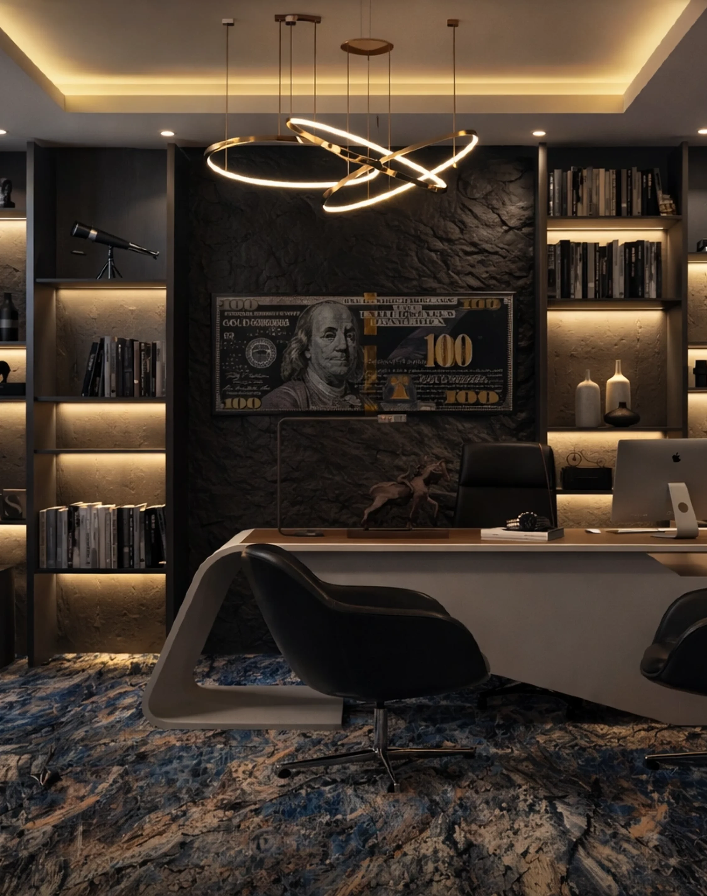 Luxury executive office interior with modern desk, ambient lighting, premium shelving, and sophisticated commercial design.
