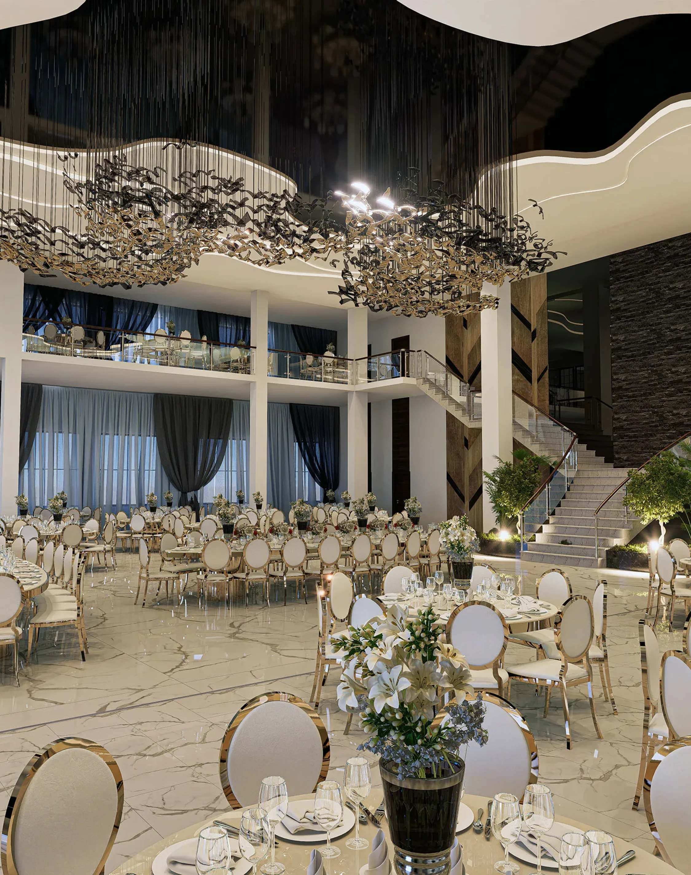 Restaurant And Wedding Interior Design Luxury banquet hall interior design in Houston with grand chandelier feature.