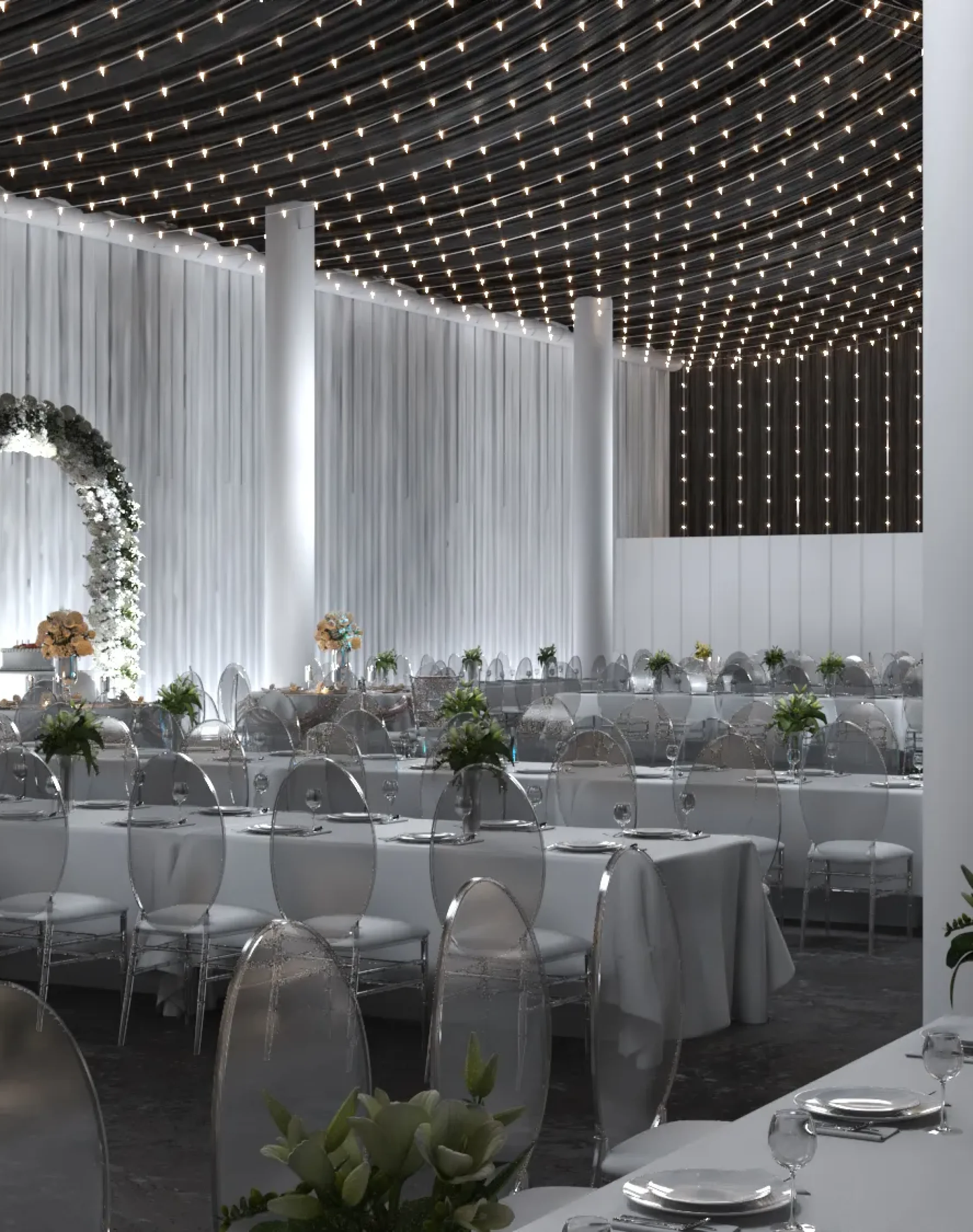 Grand event hall interior design in Houston with elegant ceiling lighting.