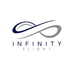 Infinity Flight aviation company logo with infinity symbol and modern blue and silver branding