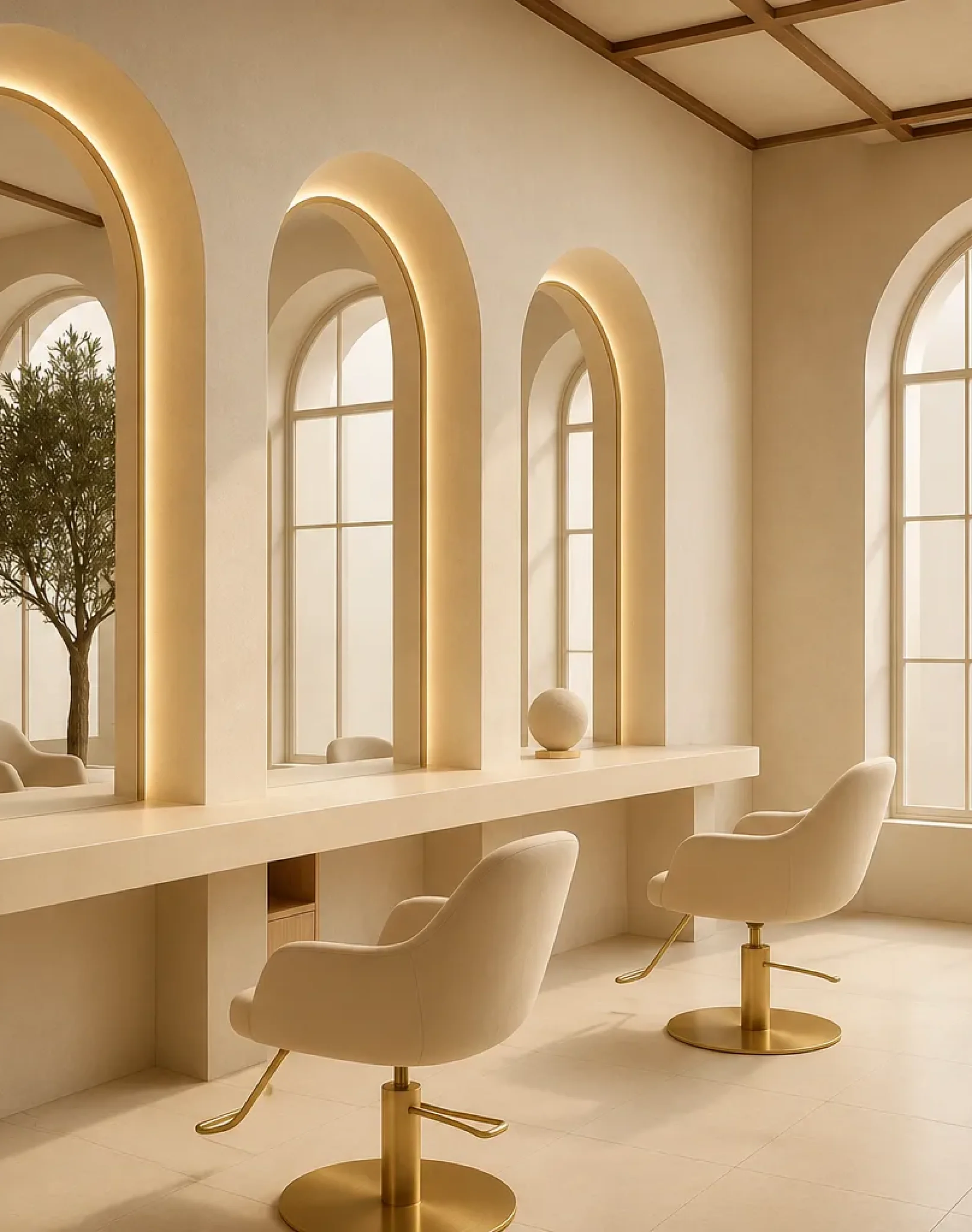 salon and spa interior design services with Elegant salon interior with arched illuminated mirrors and modern styling chairs.