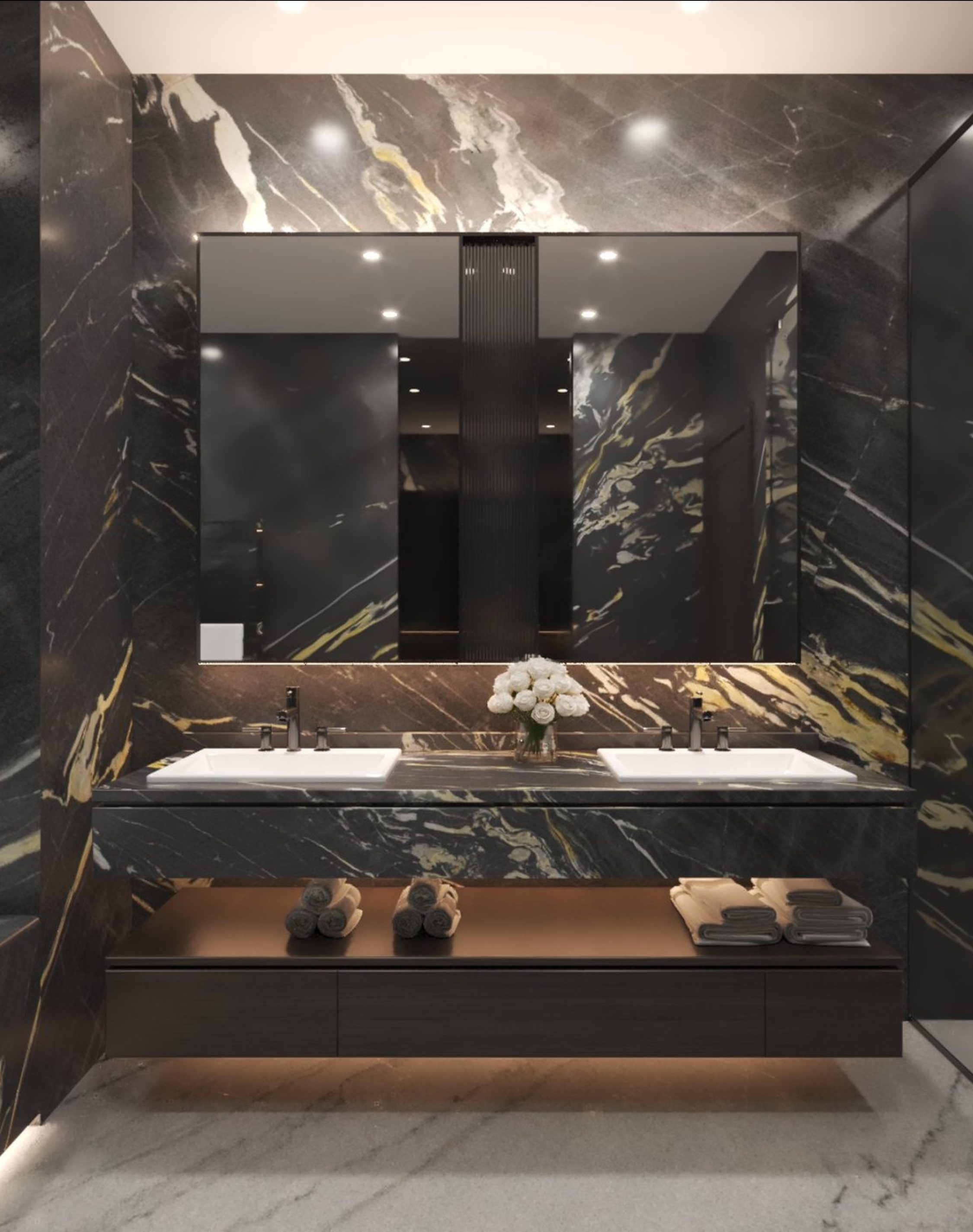 Residential Interior Design Luxury black marble bathroom interior with gold accents and freestanding bathtub