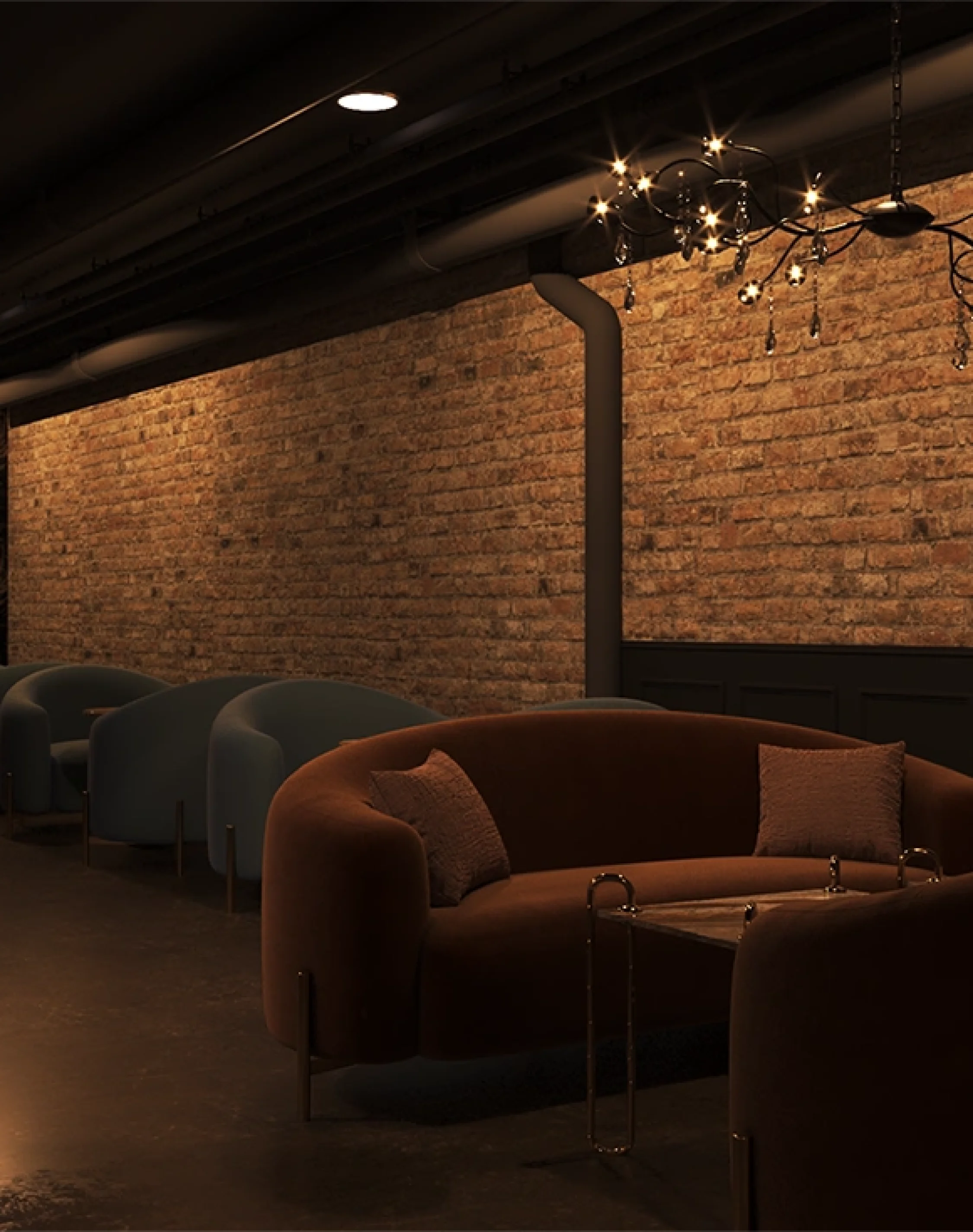 club and bar interior design Luxury hospitality seating area with modern sofas, textured brick walls, ambient lighting, and elegant commercial interiors.
