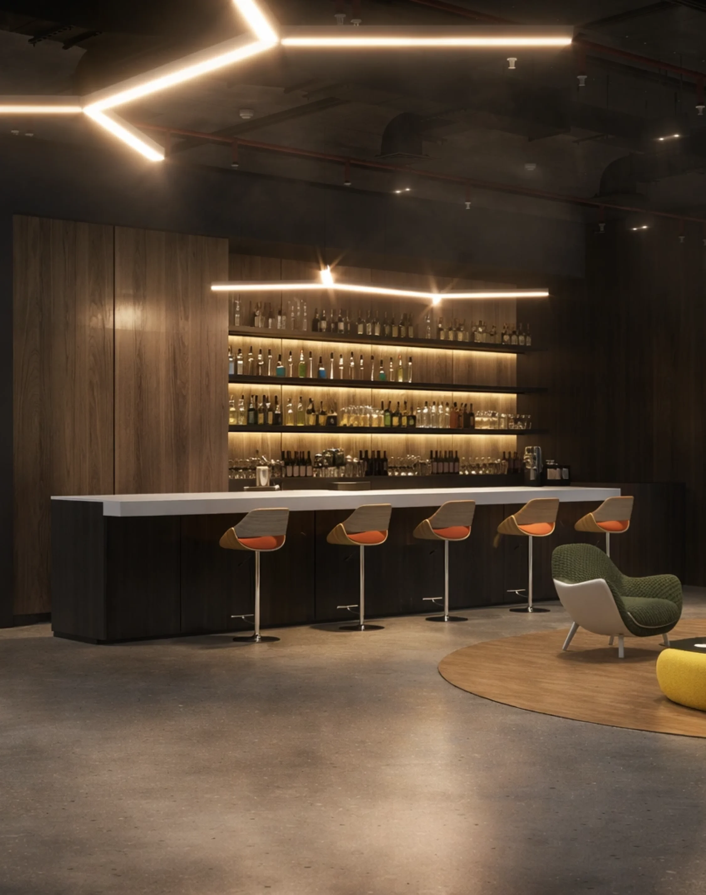 Modern office lounge with stylish seating, elegant bar counter, ambient lighting, and premium commercial interior design.